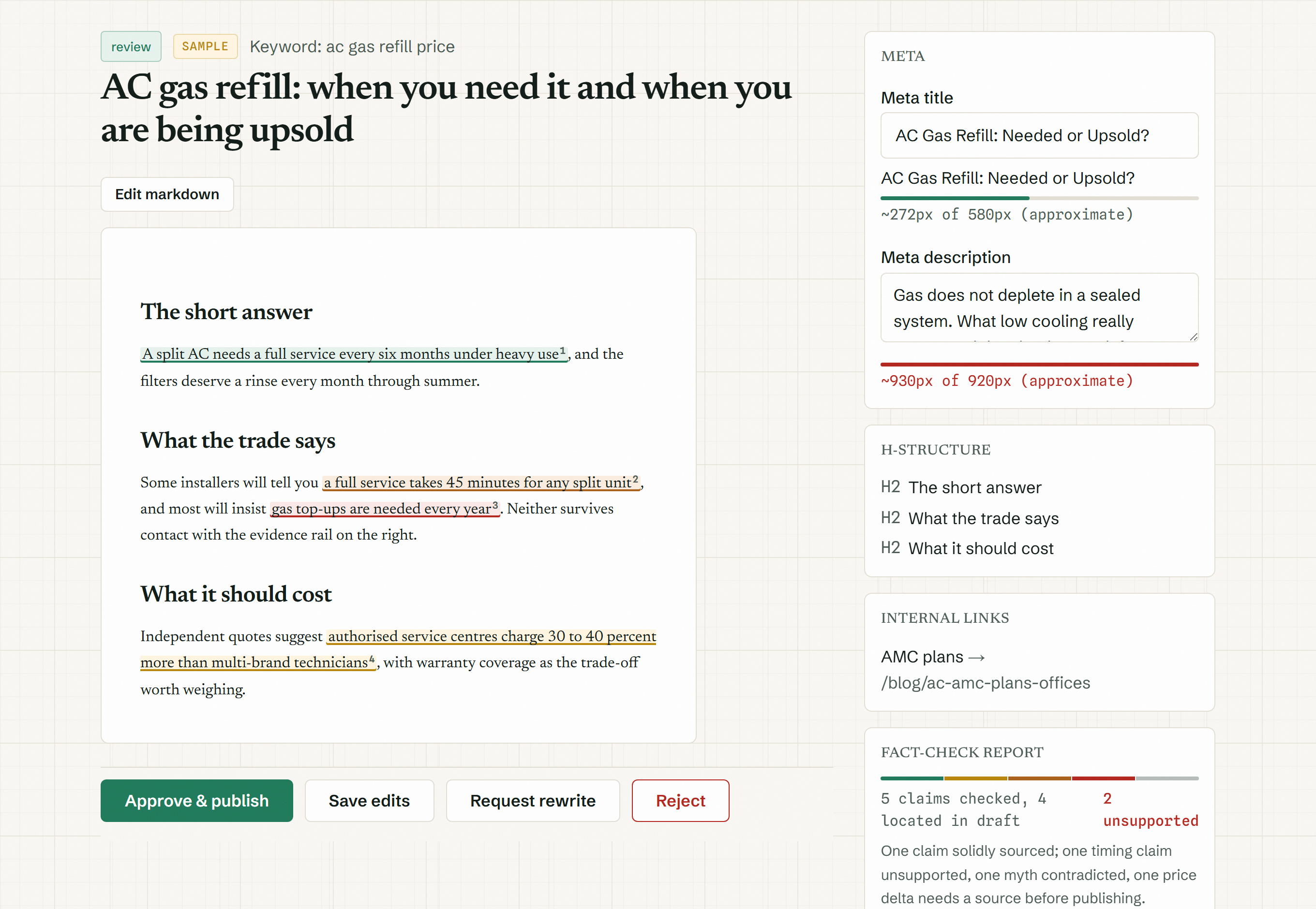 The BloggerClinic review screen: a draft post with factual claims highlighted inline in verdict colours, next to the evidence rail listing each claim's verdict, source, and the distinctiveness score